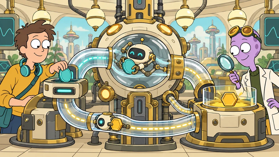 A user feeds a coin into a swap machine; a robot delivers a different token beside a separate return pipe.
