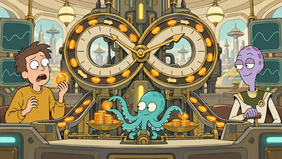 A trader beside an infinity clock while an octopus transfers coins.
