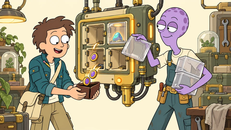 A mechanic removes empty storage cubbies as their coins return to an explorer’s wallet; an occupied cubby stays in place.