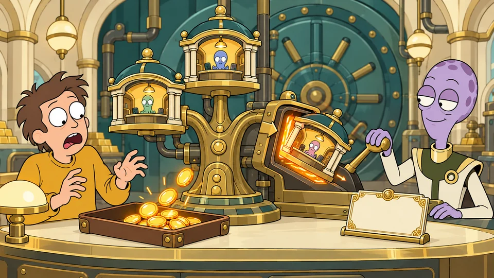 An alien banker closes one branch of a mechanical bank as coins enter a tray.