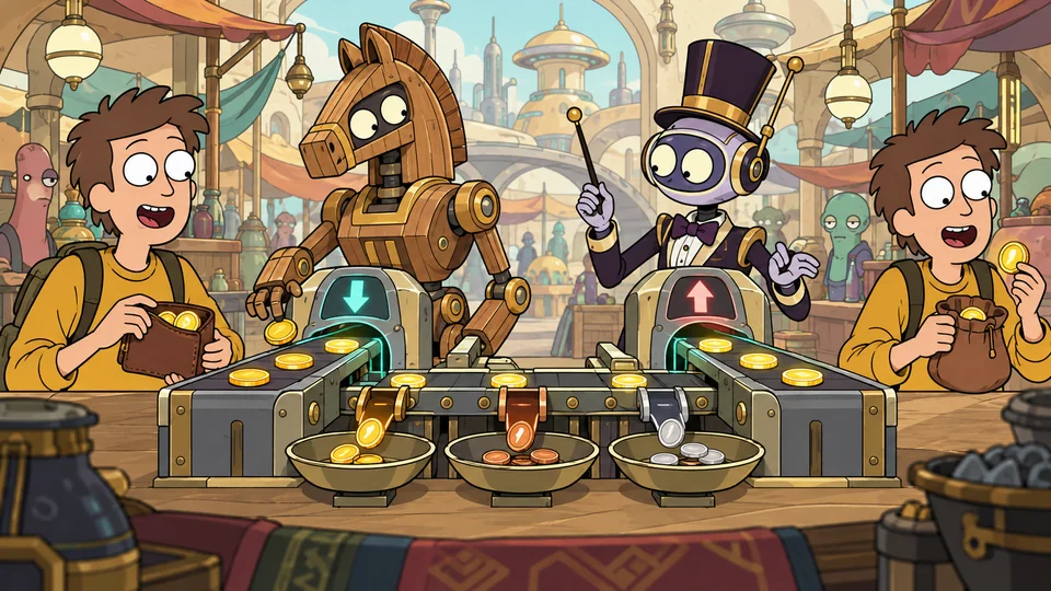 Trading robots and a buyer follow coins through buying, selling and fee collectors.