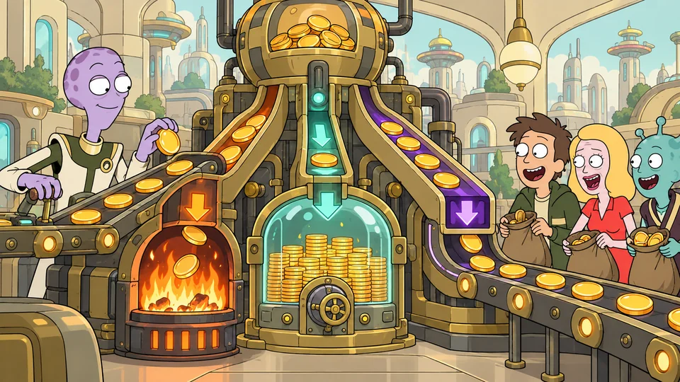 A machine sends coins to a furnace, a reserve and recipients’ wallets.
