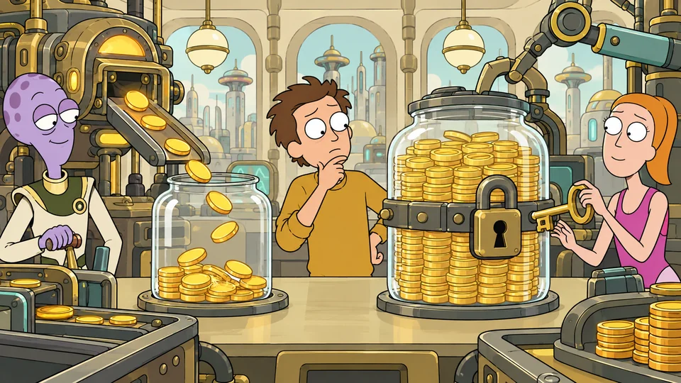 A researcher compares circulating coins with a locked reserve beside emission and unlock mechanisms.