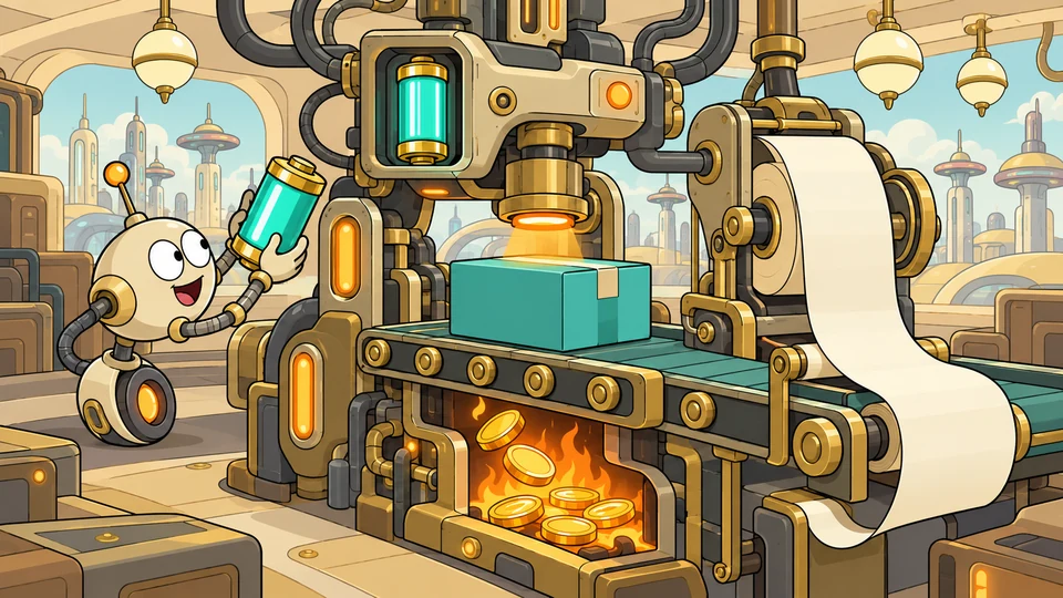 A robot brings a battery to a parcel machine with a blank paper roll and a separate compartment burning unmarked coins.