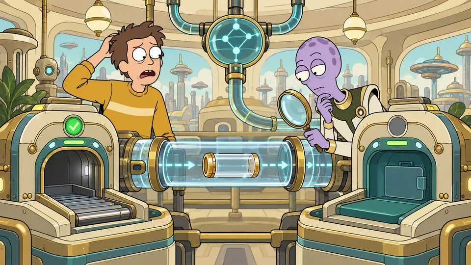 A sender and researcher inspect a coin capsule between sending and receiving stations.