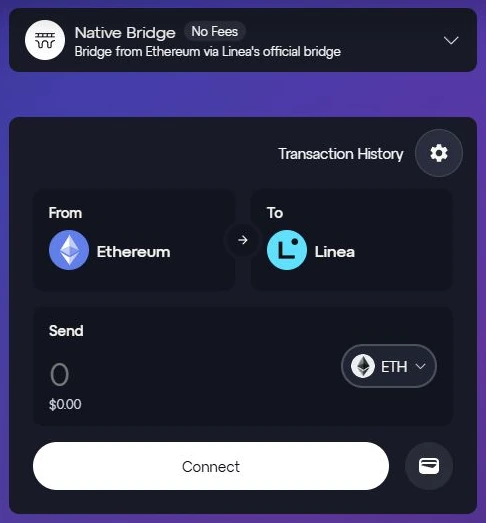 Форма пополнения Linea: ETH из Ethereum в Linea