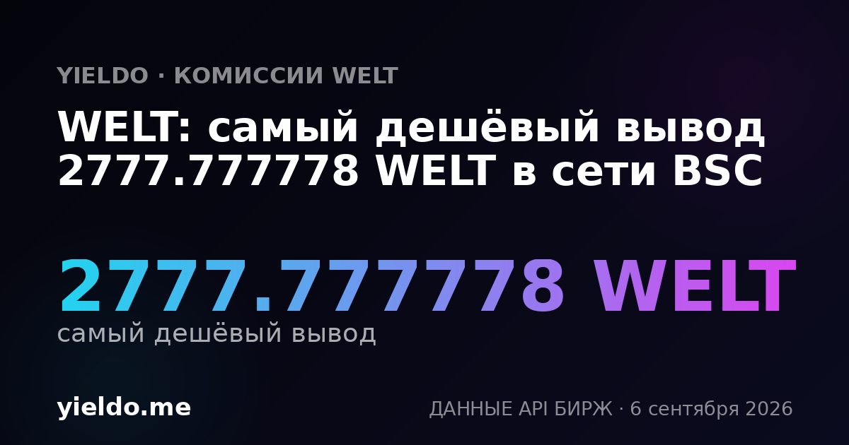 WELT: самый дешёвый вывод 2777.777778 WELT в сети BSC
